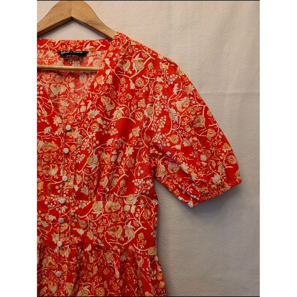 Kalki Koechlin x Max Midi Dress Womens L Red Floral Boho Puff Sleeve Excellent - Picture 5 of 14